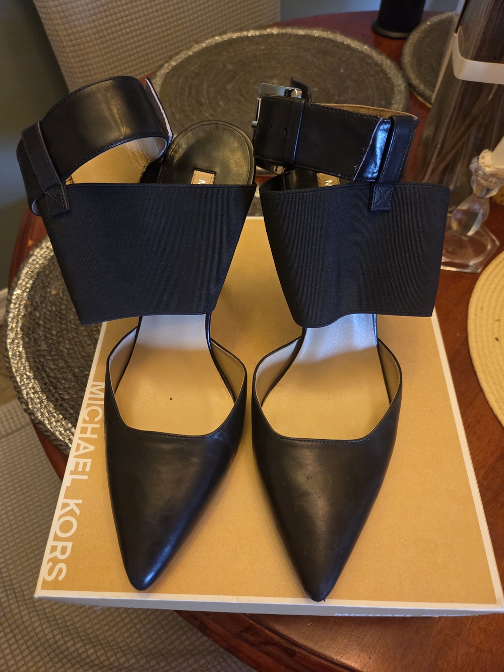 Michael Kors Black Pointed Leather Ankle-Cuff Pumps with Buckle